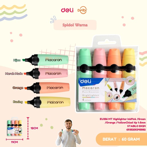 [6935205345882] DELI EU356-MT Highlighter InkPink/Green/Orange/Yellow Chisel tip 1-5mm STABILO BX24