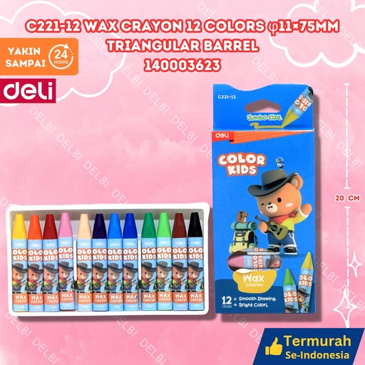 [140003623] C221-12 Wax crayon 12 Colors 11x75mm Triangular barrel MEWARNAI DELI WARNA GEL BX24