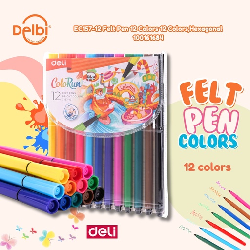 [100161684] DELI EC157-12 Felt Pen 12 Colors Colors,Hexagonal BX12 BX144