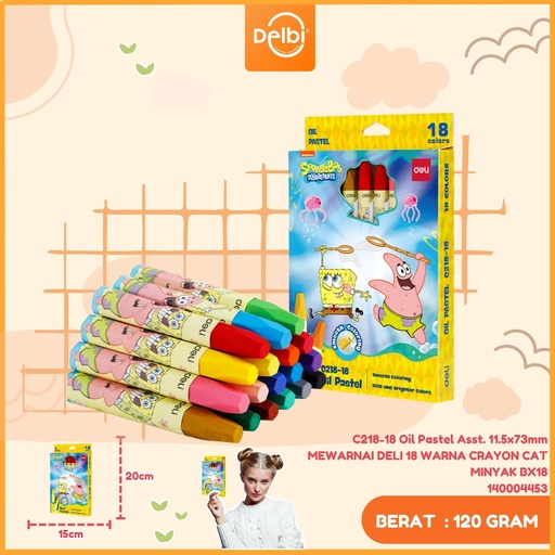 [140004453] C218-18 Oil Pastel Asst. 11.5x73mm MEWARNAI DELI 18 WARNA CRAYON CAT MINYAK BX18