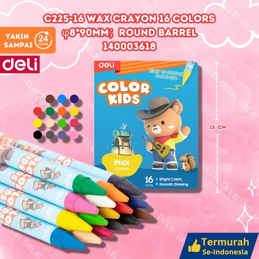 [140003618] C225-16 Wax crayon 16 Colors 8 90mm round barrel MEWARNAI DELI WARNA BX12