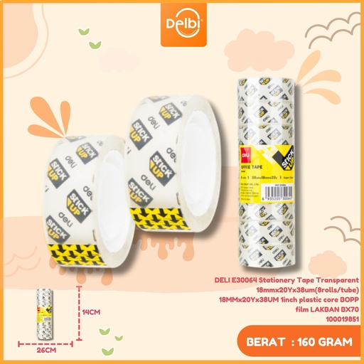 [100019851] DELI E30064 Stationery Tape Transparent 18mmx20Yx38um(8rolls/tube) 18MMx20Yx38UM 1inch plastic core BOPP film LAKBAN BX70