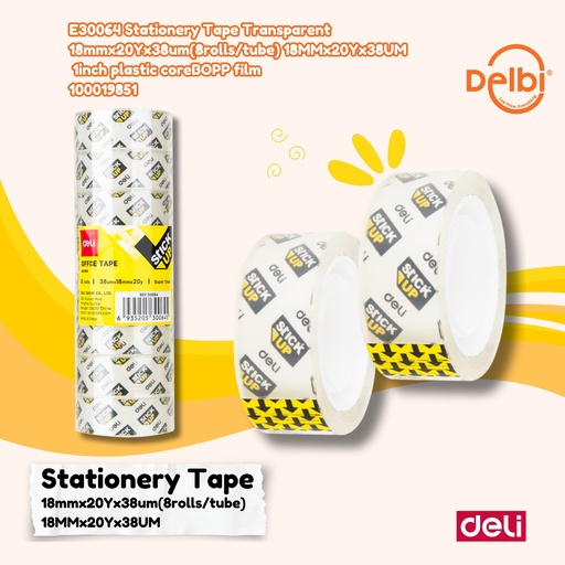 [100019851] DELI E30064 Stationery Tape Transparent 18mmx20Yx38um(8rolls/tube) 18MMx20Yx38UM 1inch plastic core BOPP film LAKBAN BX70