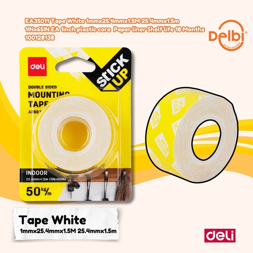 [100128138] DELI EA35011 Tape White 1mmx25.4mmx1.5M 25.4mmx1.5m 1INx65IN EA 1inch plastic core Paper liner Shelf life 18 Months Double Tape LAKBAN BX24