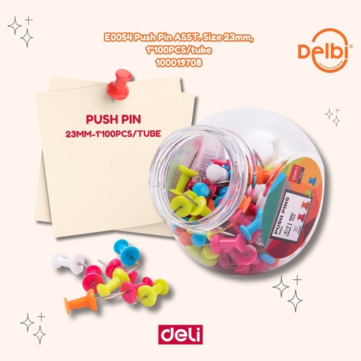 [100019708] E0054 Push Pin ASST. Size 23mm, 1''100PCS/tube DELI TUSUKAN KERTAS AKSESORIS KANTOR PAPAN PENGUMUMAN BX24