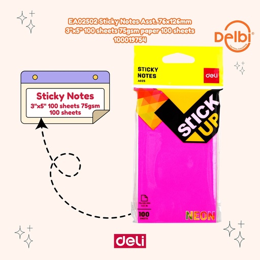 [100019754] DELI EA02502 Sticky Notes Asst. 76x126mm 3''x5'' 100 sheets
75gsm paper sheets BX12