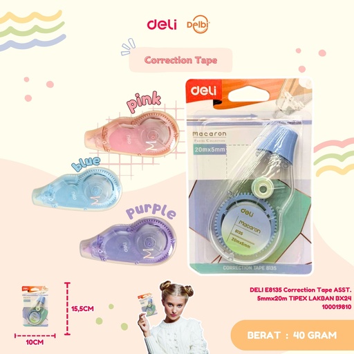 [100019810] DELI E8135 Correction Tape ASST. 5mmx20m TIPEX LAKBAN BX24