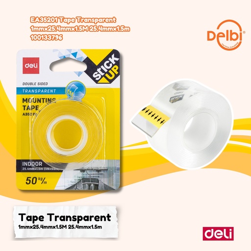 [100133796] DELI EA35201 Mounting Tape Transparent 1mmx25.4mmx1.5M 25.4mmx1.5m LAKBAN BX24 BX96