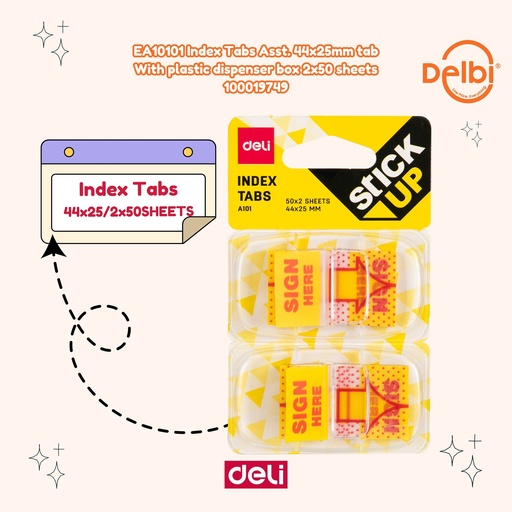 [100019749] EA10101 Index Tabs Asst. 44x25mm tab With plastic dispenser box 2x50 sheets
 DELI PENANDA STICKY NOTES BX24