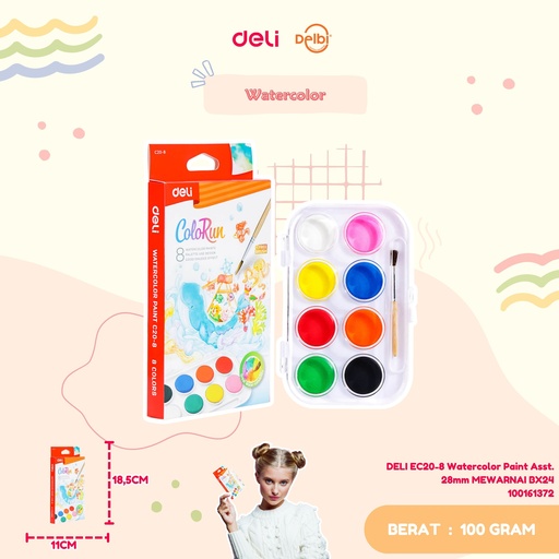 [100161372] DELI EC20-8 Watercolor Paint Asst. 28mm MEWARNAI BX24