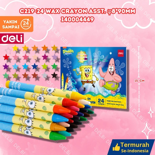 [140004449] C219-24 Wax Crayon Asst. 8x90mm MEWARNAI DELI KRAYON 24 WARNA BX12