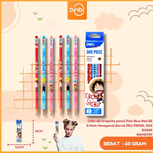 [100149794] C021-2B Graphite pencil Pink Blue Red 2B 2.4mm Hexagonal Barrel DELI PENSIL BX6 BX240