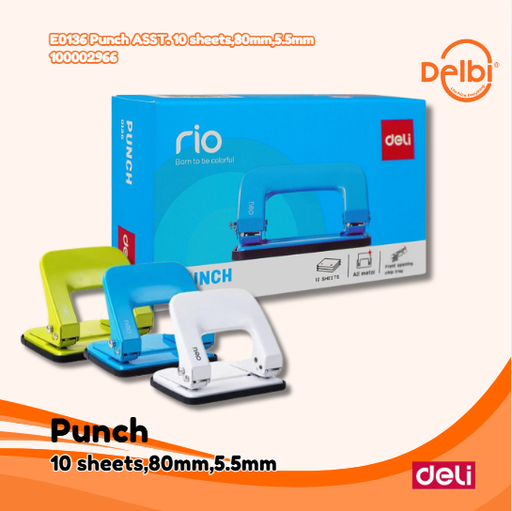 [100002966] DELI E0136 Punch ASST. 10 sheets,80mm,5.5mm PENGLUBANG KERTAS BX12