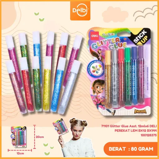 [100128375] 71101 Glitter Glue Asst. 12mlx6 DELI PEREKAT LEM BX12 BX144