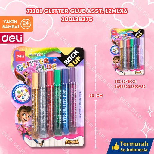 [100128375] 71101 Glitter Glue Asst. 12mlx6 DELI PEREKAT LEM BX12 BX162