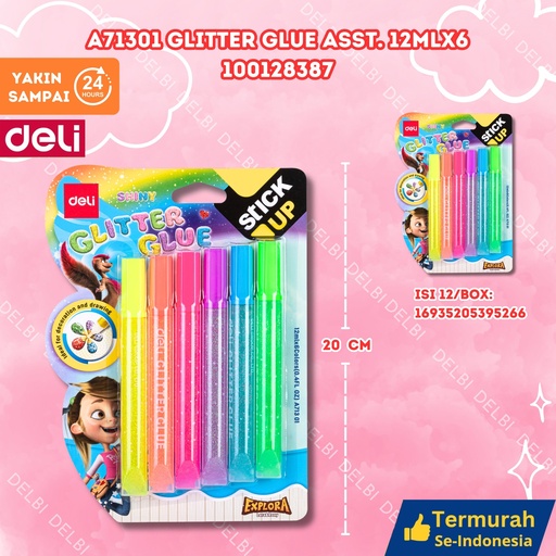 [100128387] A71301 Glitter Glue Asst. 12mlx6 DELI PEREKAT LEM BX12