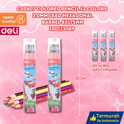 [100133089] C00807 Colored Pencil 12 Colors 3.0mm lead Hexagonal Barrel 8x175mm DELI WARNA PENSIL BX24
