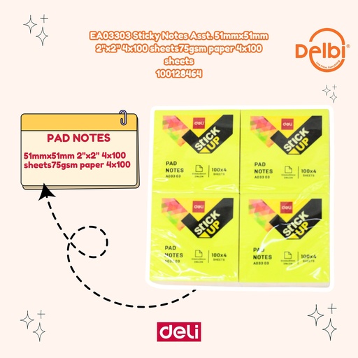 [100128464] EA03303 Sticky Notes Asst. 51mmx51mm 2''x2'' 4x100 sheets75gsm paper sheets DELI PENANDA STIKER BX4