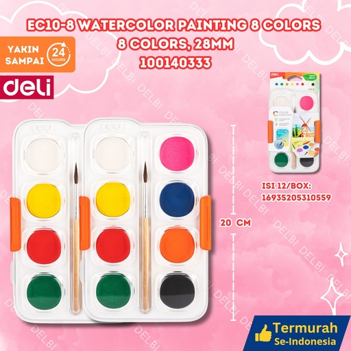[100140333] EC10-8 Watercolor Painting 8 Colors colors, 28mm DELI CAT AIR WARNA PALLETE BX12