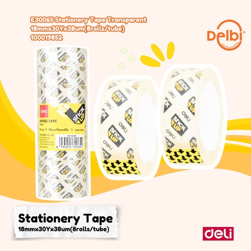 [100019852] E30065 Stationery Tape Transparent 18mmx30Yx38um(8rolls/tube)
 DELI LAKBAN BENING BX70