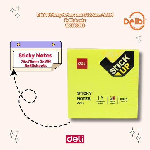 [100180343] DELI EA044 Sticky Notes Asst. 76x76mm 3x3IN 5x80sheets BX6