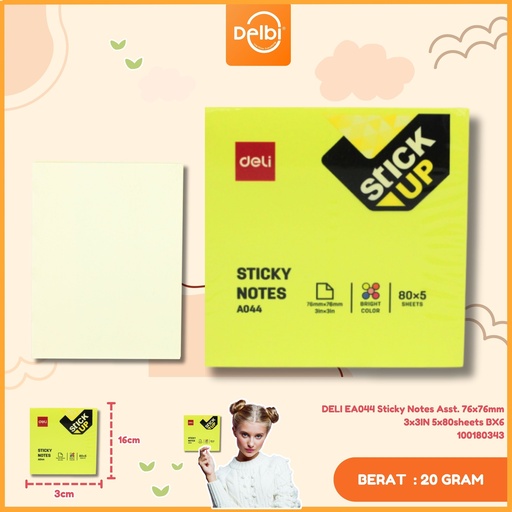 [100180343] DELI EA044 Sticky Notes Asst. 76x76mm 3x3IN 5x80sheets BX6