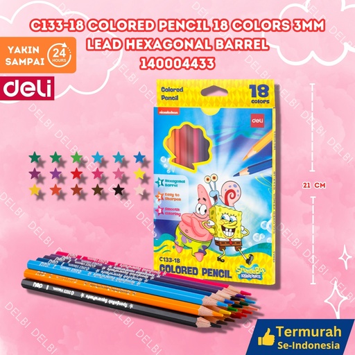 [140004433] C133-18 Colored Pencil 18 colors 3mm lead Hexagonal barrel DELI PENSIL WARNA CAT KAYU BX20