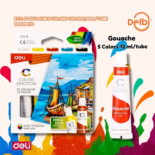 [100139070] DELI EC11-5 Gouache 5 Colors colors,12ml/tube BX24