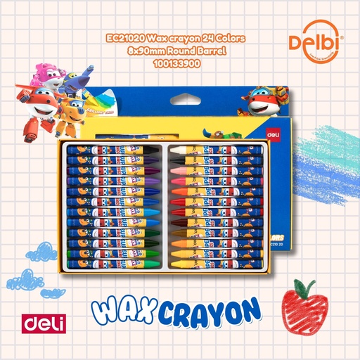 [100133900] EC21020 Wax crayon 24 Colors 8x90mm Round Barrel DELI KRAYON WARNA WAY BX12 BX96