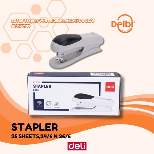 [100147189] DELI E0305 Stapler WHITE 25sheets,24/6 n 26/6 HEKTER BX12