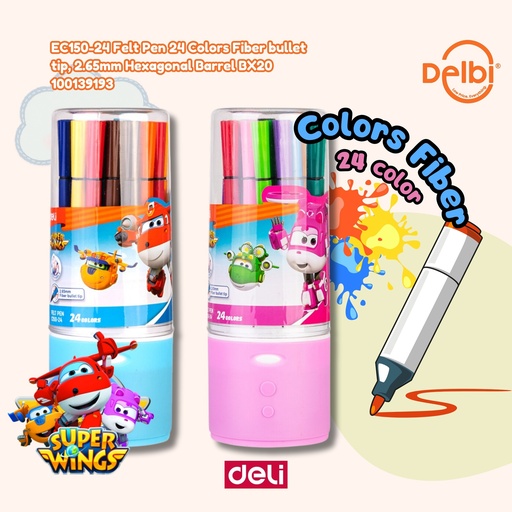 [100139193] DELI EC150-24 Felt Pen 24 Colors Fiber bullet tip, 2.65mm Hexagonal Barrel BX20