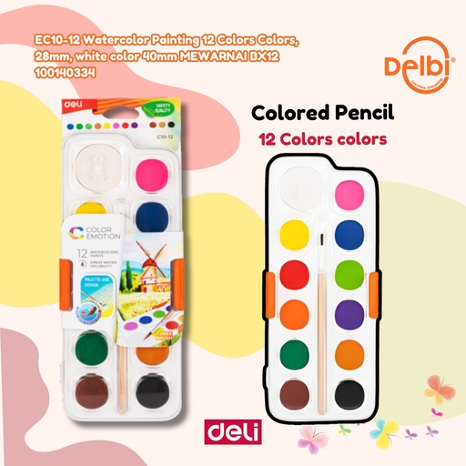 [100140334] DELI EC10-12 Watercolor Painting 12 Colors Colors, 28mm, white color 40mm MEWARNAI BX12