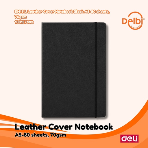 [100157882] DELI EN111L Leather Cover Notebook Black A5-80 sheets, 70gsm BUKU BX36