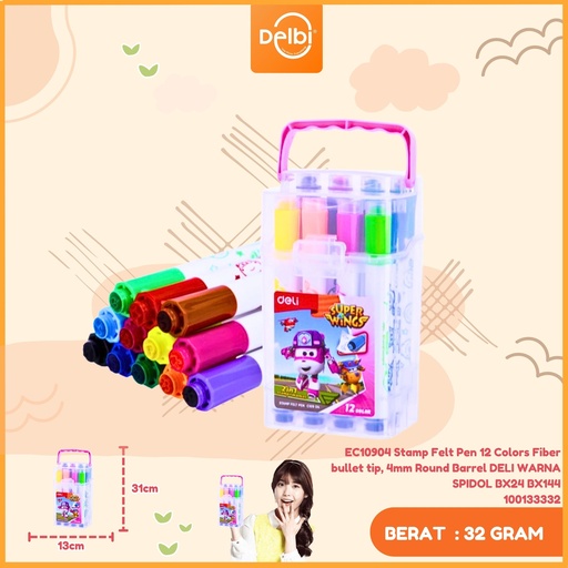 [100133332] EC10904 Stamp Felt Pen 12 Colors Fiber bullet tip, 4mm Round Barrel DELI WARNA SPIDOL BX24 BX144