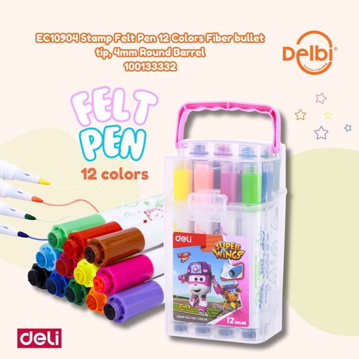 [100133332] EC10904 Stamp Felt Pen 12 Colors Fiber bullet tip, 4mm Round Barrel DELI WARNA SPIDOL BX24 BX144