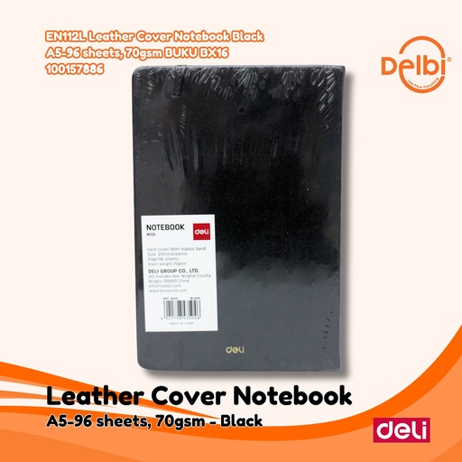 [100157886] DELI EN112L Leather Cover Notebook Black A5-96 sheets, 70gsm BUKU BX16