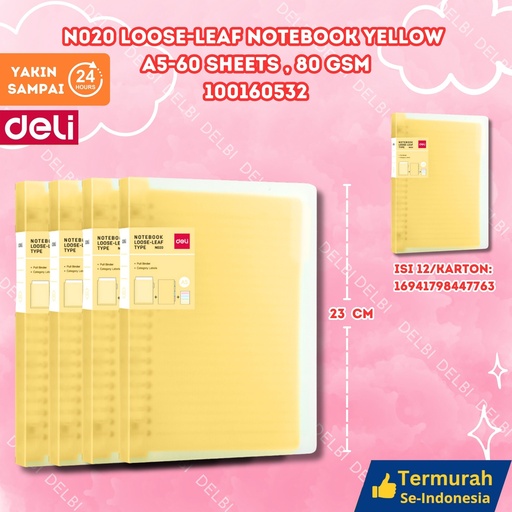 [100160532] DELI N020 Loose-leaf Notebook Yellow A5-60sheets,80gsm BUKU BX12 BX72