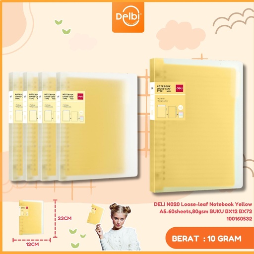 [100160532] DELI N020 Loose-leaf Notebook Yellow A5-60sheets,80gsm BUKU BX12 BX72
