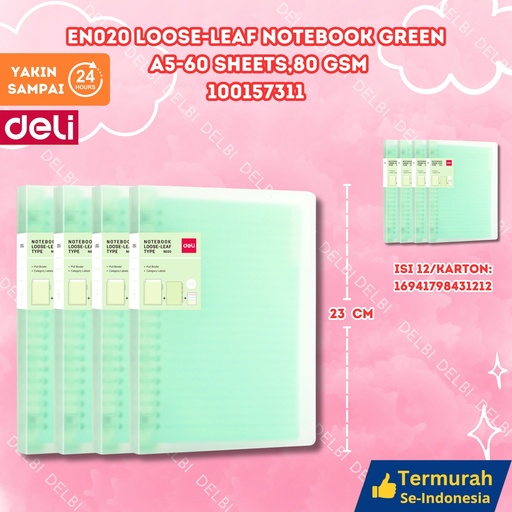 [100157311] DELI EN020 Loose-leaf Notebook Green A5-60 sheets,80gsm BUKU BX12 BX72