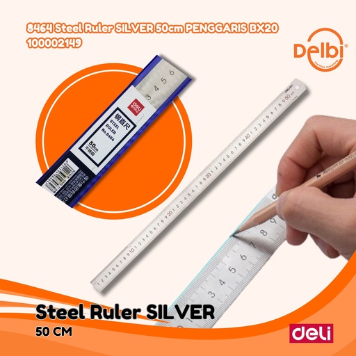 [100002149] DELI 8464 Steel Ruler SILVER 50cm PENGGARIS BX20