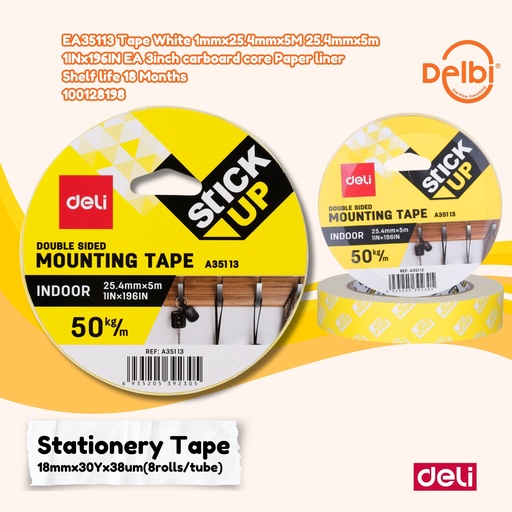 [100128198] DELI EA35113 Tape White 1mmx25.4mmx5M 25.4mmx5m 1IN x 196IN E 3inch cardboard core Paper liner Shelf life 18 Months Double Tape LAKBAN BX24