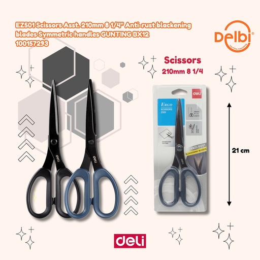 [100157293] DELI EZ501 Scissors Asst. 210mm 8 1/4" Anti-rust blackening blades Symmetric handles GUNTING BX12