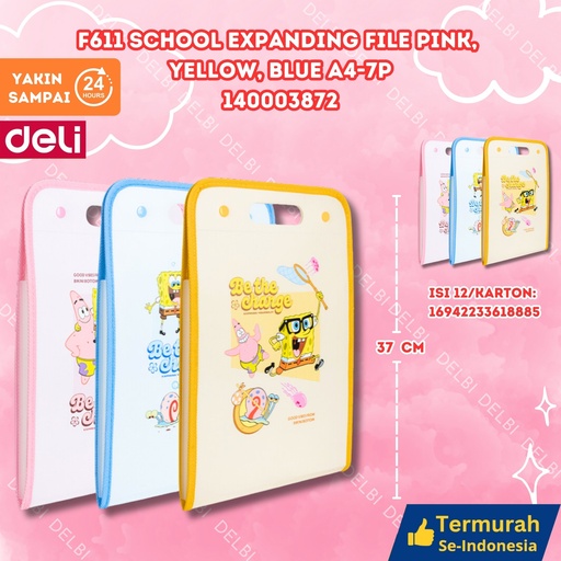 [140003872] DELI F611 School Expanding File Pink, Yellow, Blue A4-7P MAP BX12 BX72