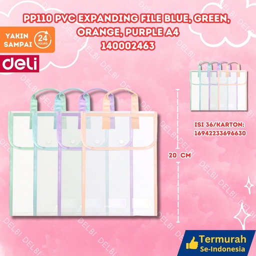 [140002463] DELI PP110 PVC Expanding File Blue, Green, Orange, Purple A4 MAP BX36 BX144