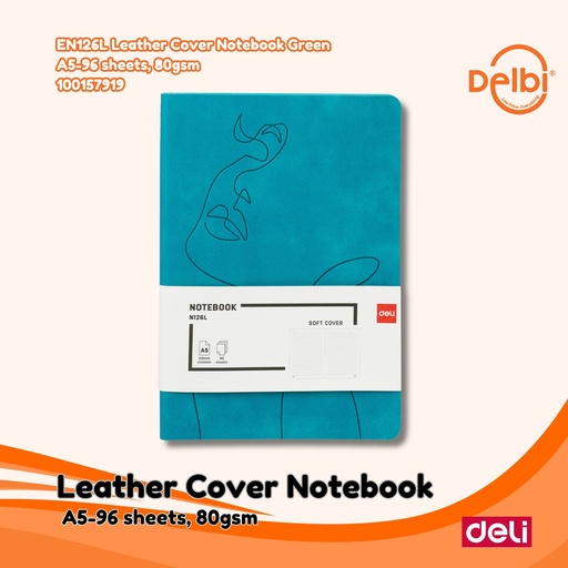 [100157919] DELI EN126L Leather Cover Notebook Green A5-96 sheets, 80gsm BUKU BX16