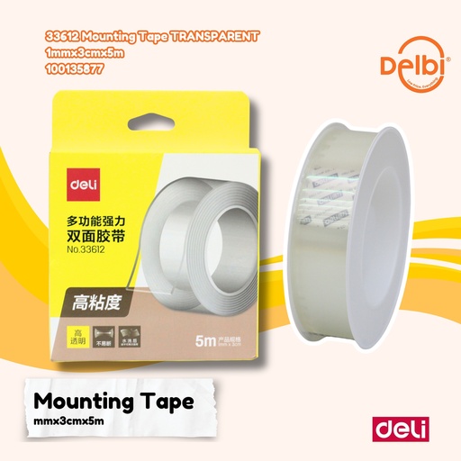 [100135877] 33612 Mounting Tape TRANSPARENT 1mmx3cmx5m DELI PEREKAT MAGIC LAKBAN BX12