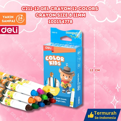 [100154778] EC211-12 Gel Crayon 12 Colors size 8 11mm MEWARNAI DELI KRAYON WARNA BX12