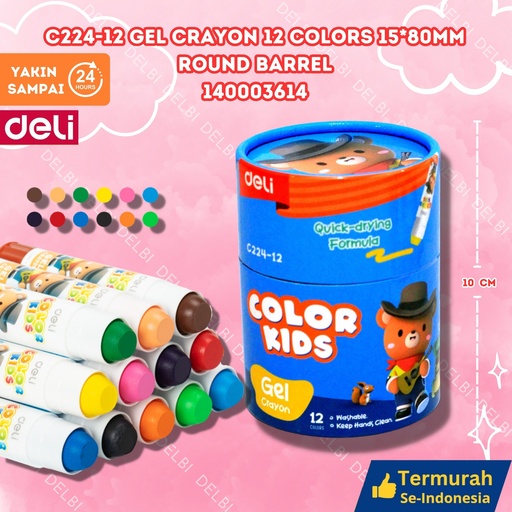 [140003614] C224-12 Gel Crayon 12 Colors 15 80mm round barrel DELI KRAYON WARNA BX12