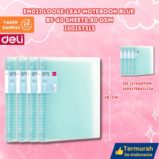 [100157313] DELI EN021 Loose-leaf Notebook Blue B5-60 sheets,80gsm BUKU BX12 BX48