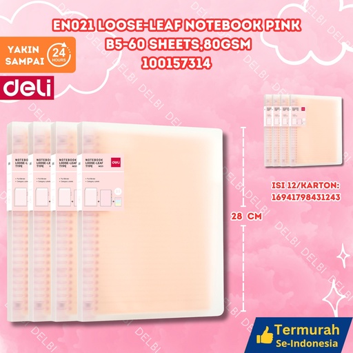 [100157314] DELI EN021 Loose-leaf Notebook Pink B5-60 sheets,80gsm BUKU BX12 BX48